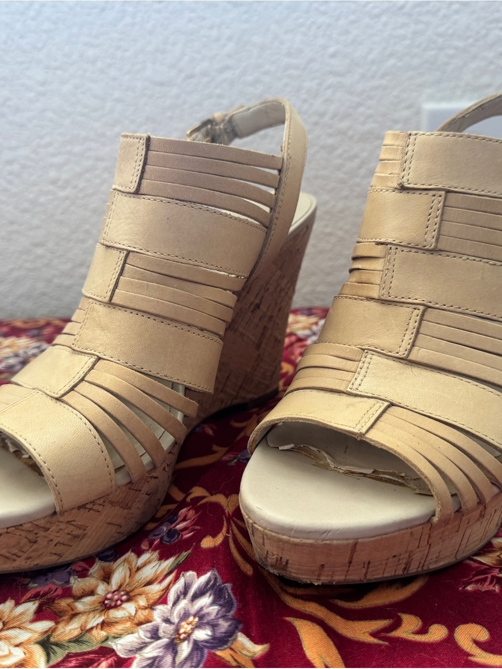 Franco Sarto Beige Strappy Cork Wedge Sandals